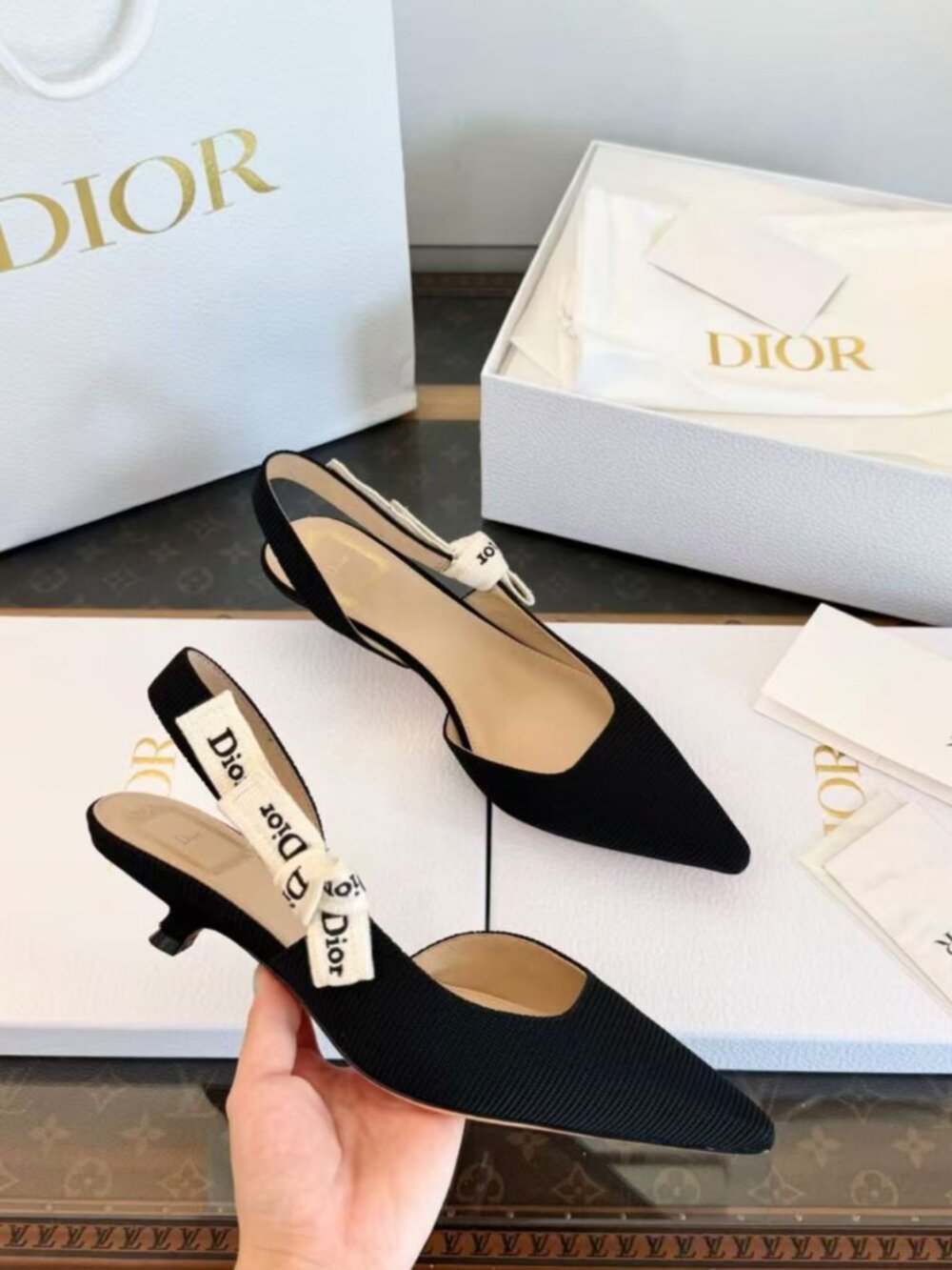 Dior J’ADIOR Logo Ribbon Bow Pointed Toe Slingback Kitten Heels